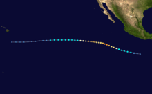 An image of the track of a long-lived and potent Pacific hurricane.