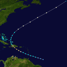 Tracking map of a hurricane. The path depicted in the image starts to the east of the Lesser Antilles and curves into Hispanola before passing Bermuda.