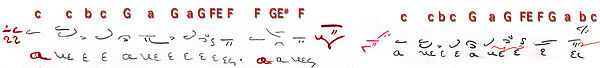 Hence, you descend four steps from echos tritos 4 steps [c—c—b—c—G—a—G—a—G—F—E—FF] and you will find its plagios which is called 'grave' (βαρύς), this way [F—G—E#—FF].