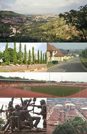 Photo montage of Enugu's Hills with the city straight ahead in the distance, Hotel Presidential, Zoological Gardens, Nnamdi Azikiwe Stadium, Iva Valley Memorial, Coal Camp