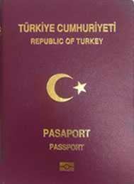 cover of Turkish passport (maroon with gold letters)