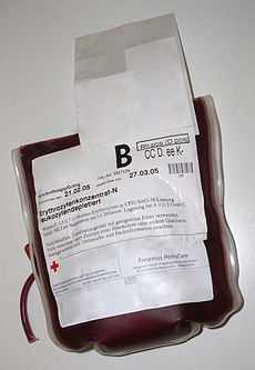 Plastic bag 0.5 - 0.7 liters containing packed red blood cells in citrate, phosphate, dextrose, and adenine (CPDA) solution