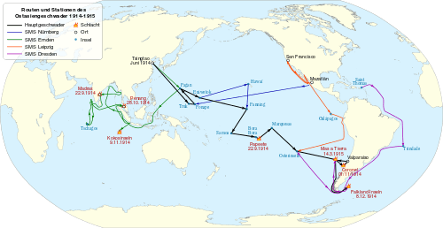 A map of the Pacific and Atlantic Oceans, showing the route of the ships; Dresden steamed from the Caribbean around South America to the Pacific