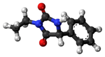 Ball-and-stick model of the ethotoin molecule