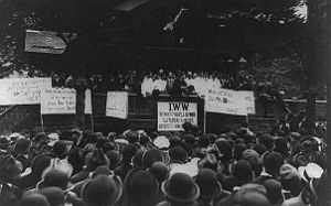 Black and white photograph of a speaker rallying a large crowd. In front of the stage, facing the audience, are several signs, in various languages, displaying demands.