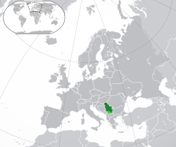 Location of Serbia (green) and the disputed territory of Kosovo (light green)in Europe (dark grey).