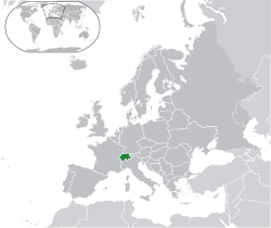 Location of  Switzerland  (green)in Europe  (dark grey)  –  [Legend]