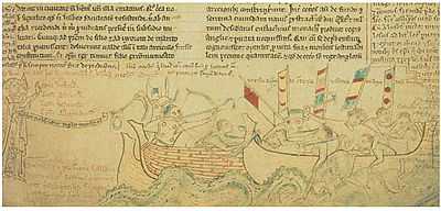 Old parchment showing medieval ships fighting at the battle