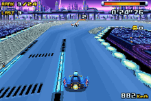 Vehicle racing on a track high above ground. In the corners of the screen are head-up display information detailing race standings, energy-level, time, and speed.