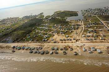 Aerial view of damaged coastal property on the Bolivar Peninsula.