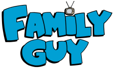 The Family Guy logo: bold blue letters in all caps spelling out "Family Guy" with a small cartoon antenna television used to dot the "i" in "Family"