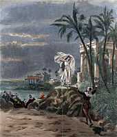  A stormy scene under a threatening sky; to the right is a pillared temple screened by palm trees. Outside the temple a woman stands, dressed in white, her robres blown in the wind. To the left in the middle distance a group of men is visible, gathered by the sea shore.
