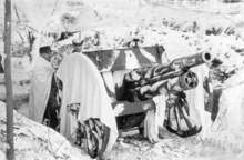 A cannon wears a white blanket on the snow and two men pose side of it.