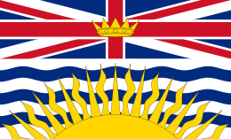 Flag with horizontally stretched Union Flag as top half. The lower half is a large yellow sun over blue and white waves.