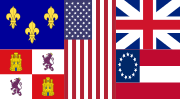 Flag with Union Flag on upper right, Stars and Bars on lower right, Stars and Stripes in middle, fleurs-de-lis on upper left and castles and lions on lower left.