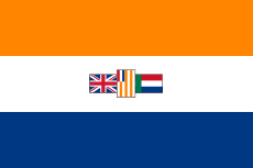 Horizontal orange, white and blue stripes. In the centre are three small flags, the left of which is the Union Flag.