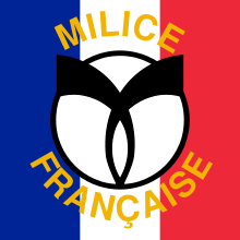 Blue, white and red flag with black gamma symbol and "Milice Française" in gold