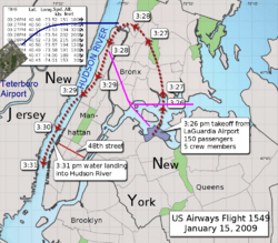 The aircraft headed approximately north after takeoff, then wheeled anti-clockwise to follow the Hudson southwards