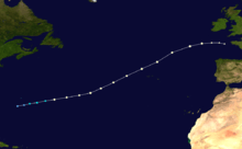 The track of a hurricane starts south of Bermuda and heads generally northeastward across the Atlantic, ending near Europe