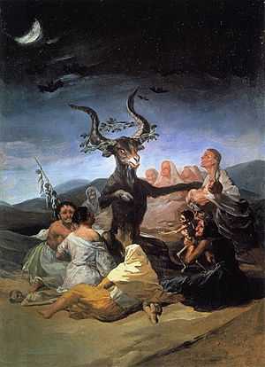 The devil in the form of a goat is surrounded by a coven of disfigured, aging witches in a moon-lit, barren landscape. The goat possesses large horns and is crowned by a wreath of oak leaves. He acts as priest at the initiation ceremony of an emaciated infant held in the hands of one of the witches. The body of another infant lies dead near by, while bats fly overhead.