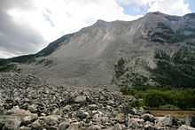 Side view of a mountain scarred by a large debris field down its side. A field of rock lies at its base.