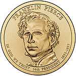 A one-dollar coin featuring Pierce.