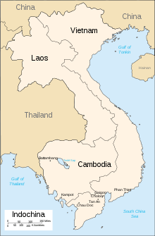 A map depicting bodies of water in light blue and land in beige. The countries in French Indochina, Vietnam, Laos and Cambodia are in a lighter shade than the other countries. Vietnam is an S shaped country bordering the sea. The various towns located on the map detailing Phan Xich Long's locations are in the southern third of the country.