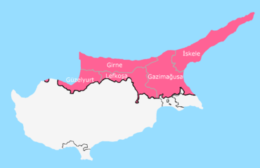 The district boundaries of Northern Cyprus on a political map of the country