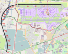 A map of the London Heathrow airport area, with a curved solid black line starting from the airport and ending near a pond; red numbers from 0 to 150 are marked along the black line.