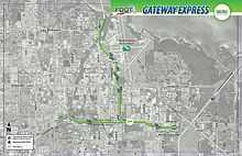 A map showing the route of the planned Gateway Express project displayed on an aerial photograph of the area.