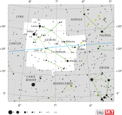 Diagram showing star positions and boundaries of the Gemini constellation and its surroundings