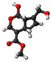 Ball-and-stick model of the genipin molecule