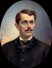 Painted portrait of mustachioed man with in a black coat and bow-tie