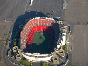 A large, open, American-style sports stadium, viewed from above.