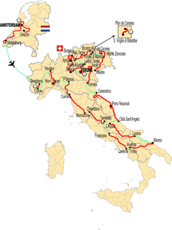 Map of Italy showing the path of the race, starting in Amsterdam and transferring to Savigliano in Italy before going counter-clockwise and reaching Apulia in the south before coming back north to finish in Verona, by the Dolomites in northeast Italy