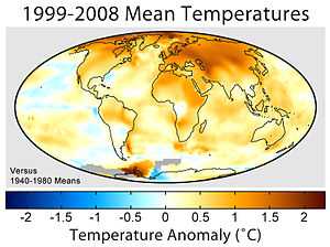 World map of temperature distribution shows the northern hemisphere was warmer than the souther hemisphere during the periods compared.
