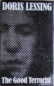 Front cover of the first UK edition of The Good Terrorist showing the author's name and book title, and a heavily pixelated picture of a woman's face