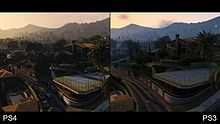 The city of Los Santos being rendered on the PlayStation 4 on the left, and the PlayStation 3 on the right. Improved texture effects, lighting and draw distances are visible on the PS4 version.