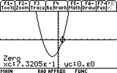 Figure 4. Graphing calculator computation of one of the two roots of the quadratic equation 2 x squared plus 4 x minus 4 equals zero. Although the display shows only five significant figures of accuracy, the retrieved value of x is 0.732050807569, accurate to twelve significant figures.