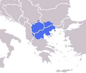 Macedonia shown in blue. The modern region of Macedonia is divided by the national boundaries of Greece (Greek Macedonia), the Republic of Macedonia, Bulgaria (Blagoevgrad Province), Albania (Mala Prespa and Golo Brdo), Serbia (Prohor Pčinjski), and Kosovo (Gora).