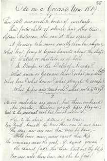 Manuscript in Keats's hand titled "Ode on a Grecian Urn 1819." It is a fair copy in pen and ink of the first two verses of the poem. The writing is highly legible, tall and elegant, with well-formed letters and a marked slope to the right. The capital letters are distinctive and artistically formed. Even-numbered lines are indented with lines 7 and 10 are further indented. A scallopy line is drawn beneath the heading and between the verses.