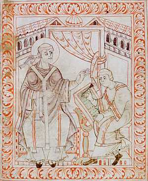 Manuscript drawing of a seated haloed figure in vestments, with a bird on his right shoulder, talking to a seated scribe writing.