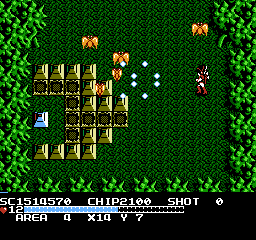 A red character, behind a green forest-like backdrop, fires white bullets at yellow, pyramid-shaped barriers and butterfly-like enemies with a gun.
