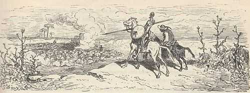 A line drawing of two mounted men looking down over a cliff at a rising cloud of smoke.  The man on the left is garbed as a knight.