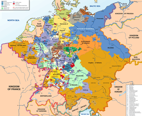 map of the Holy Roman Empire (central Europe) in 1789 showing the several hundred states, in different colors