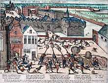 This colorized 17th century copperplate depicts the destruction, rape, and pillage of Breda: soldiers are killing men and women and the city is burning.