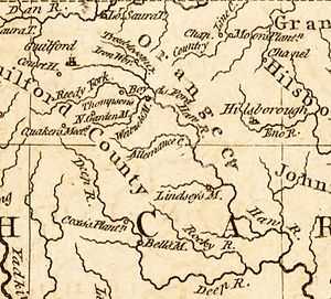 A 1781 map depicting the area between Hillsborough and Guilford Courthouse, and the Haw River