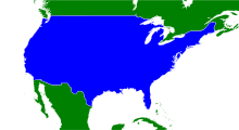 The contiguous United States are shaded in blue on this map of northern North America