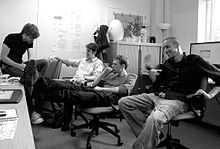 The staff of Hello Games in their Guildford office. From left: David Ream, Sean Murray, Grant Duncan, Ryan Doyle.