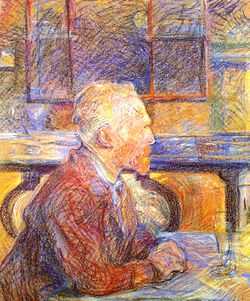 blue-hued pastel drawing of a man facing right, seated at a table with his hands and a glass on it while wearing a coat and with windows in the background.